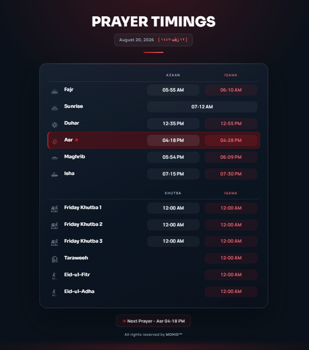 Prayer Timings widget, dark theme