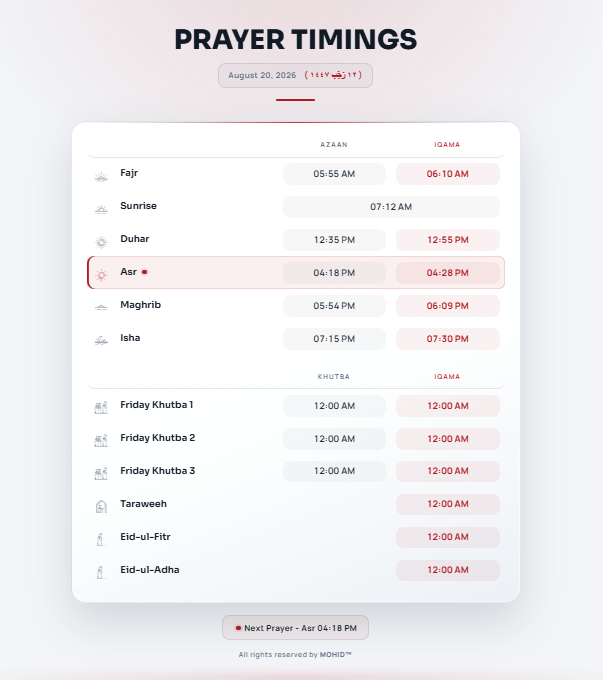 Prayer Timings widget, light theme