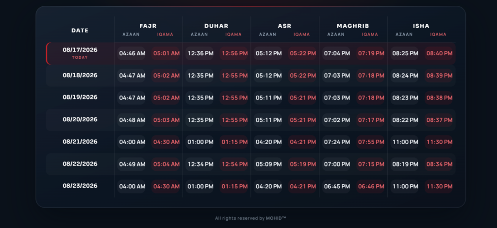 Weekly Prayer Timings widget preview, dark theme