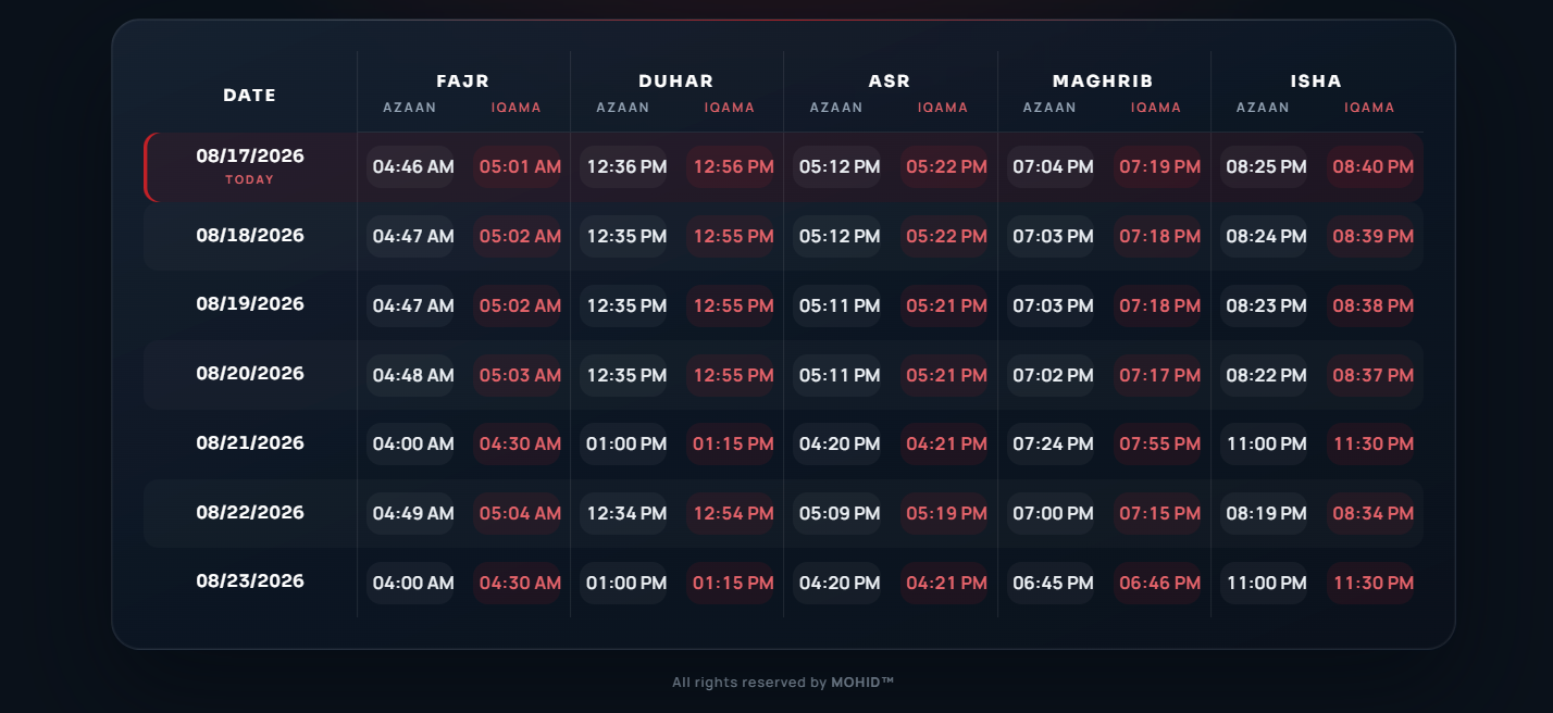 Weekly Prayer Timings widget on MohidWebSrv, dark theme