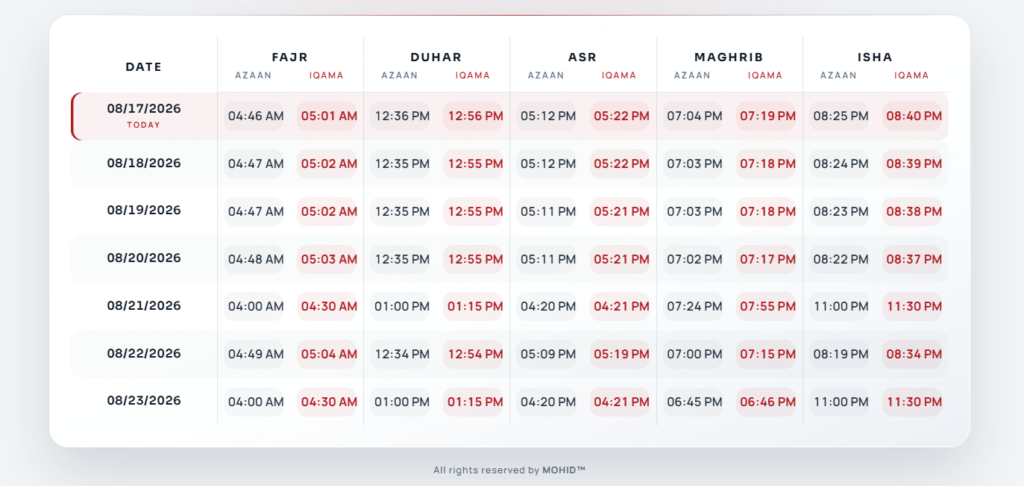 Weekly Prayer Timings widget preview
