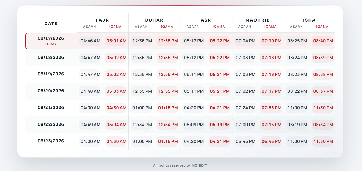 Weekly Prayer Timings widget on MohidWebSrv, light theme