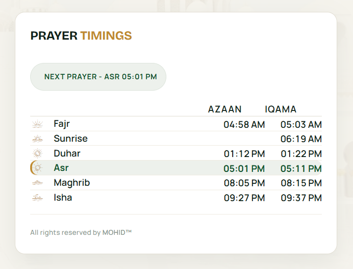FKARNA — MOHID Prayer Timings widget