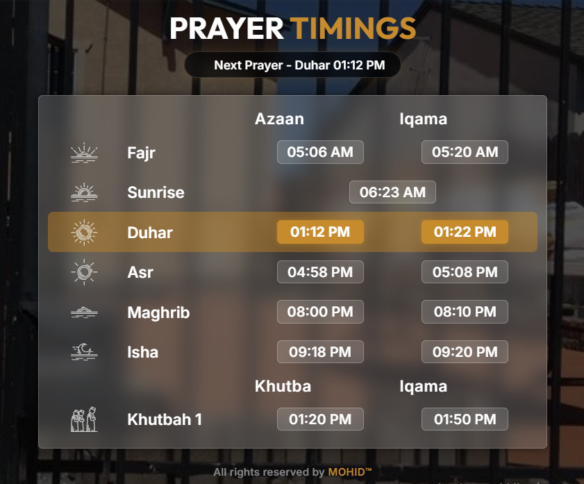ISMCCA — MOHID Prayer Timings widget