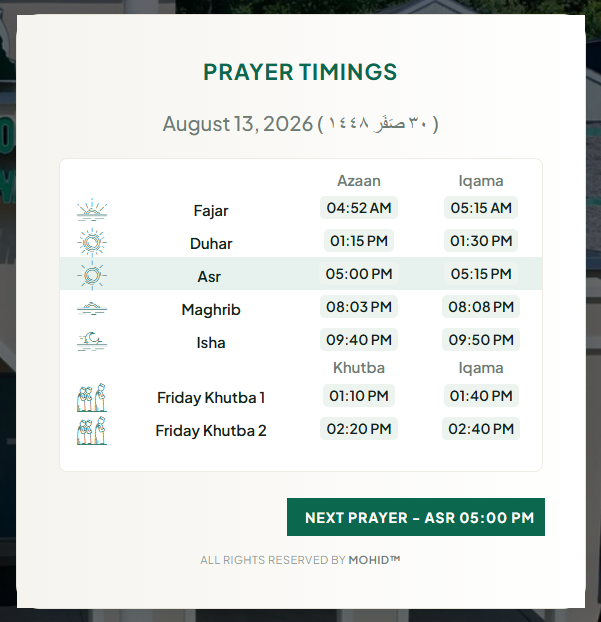 MYISD — MOHID Prayer Timings widget
